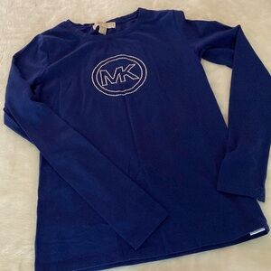 EUC Michael Kors Navy Long Sleeve Crew Tee Rhinestone Embellished Logo Size S